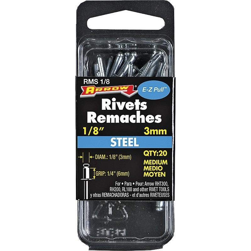 Arrow RMS1/8 Pop Rivet, Medium, 1/4 in Grip, 1/4 in L, Steel, 20/PK