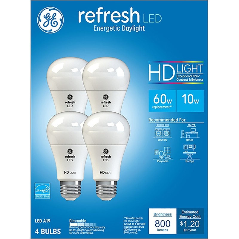 GE 96708 LED Bulb, 800 Lumens, 10 W, A19 Lamp, 60 W Equivalent, E26 Lamp Base, Dimmable, Daylight
