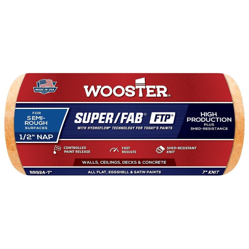 Wooster RR924-7 Roller Cover, 1/2 in Thick Nap, 7 in L, Knit Fabric Cover, Lager