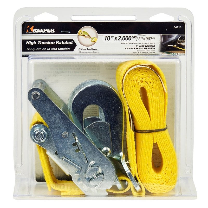Keeper 04110 Tie-Down, 2 in W, 10 ft L, Hi-Test Webbing, Yellow, 2000 lb, Twisted Snap Hook End Fitting