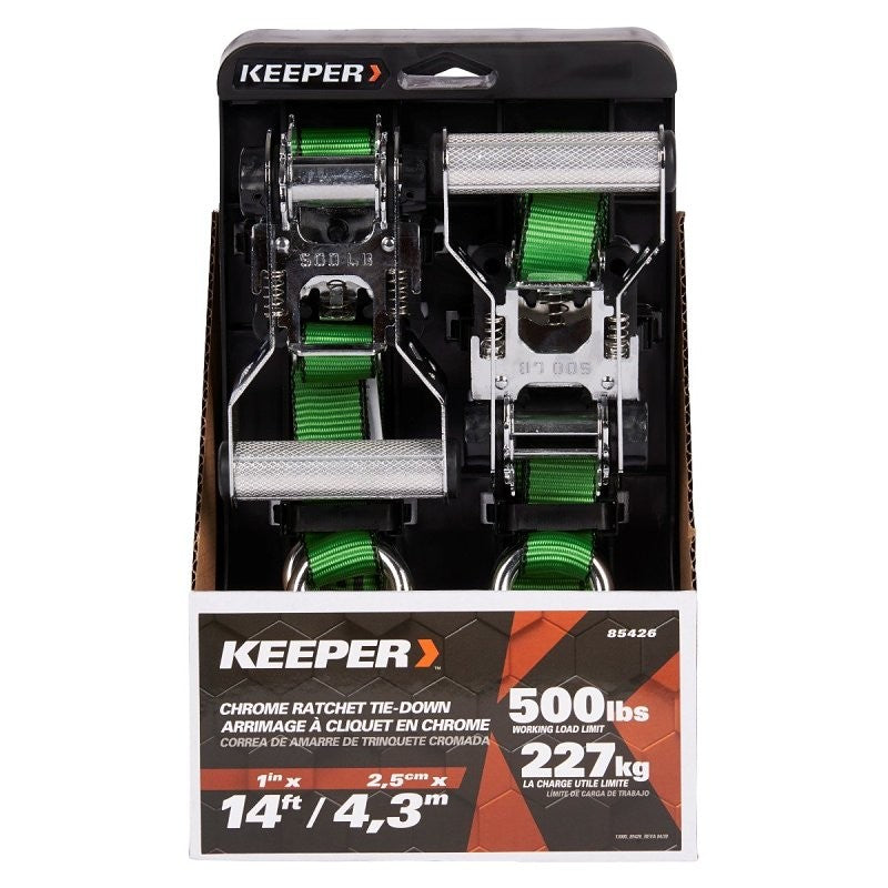 Keeper 85426 Tie-Down, Ratchet Adjustment, 1 in W, 14 ft L, Bright Green, 500 lb Working Load, S-Hook End, 2/PK
