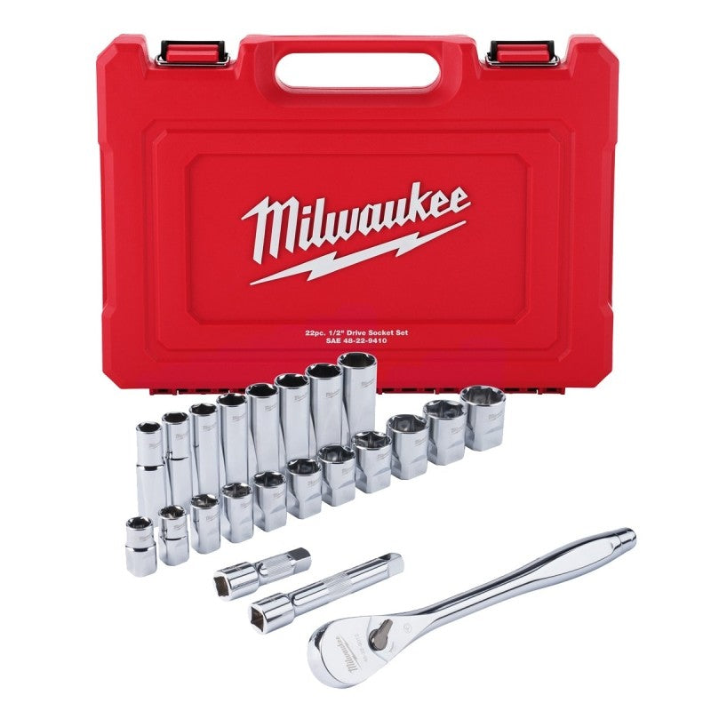 Milwaukee 48-22-9410 Ratchet and Socket Set, Alloy Steel, Specifications: 1/2 in Drive Size, SAE Measurement