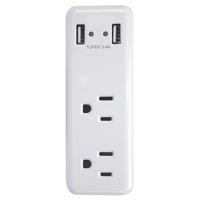 PowerZone ORUSB242 Outlet Charger, 2.4 A, 2-USB Port, 2-Outlet, White