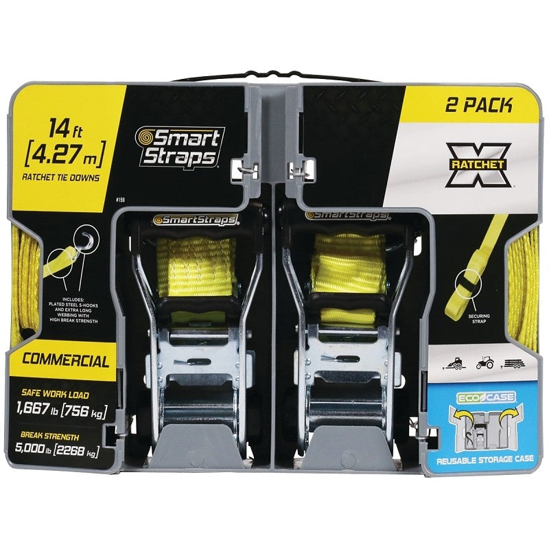 SmartStrap 159 Tie-Down, 1-1/2 in W, 14 ft L, Polyester, Yellow, 1667 lb, Hook End Fitting, Steel End Fitting