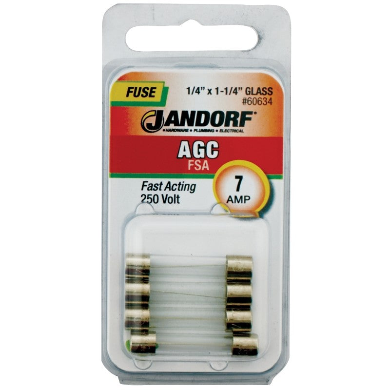 Jandorf 60634 Fast Acting Fuse, 7 A, 250 V, 200 A, 10 kA Interrupt, Glass Body