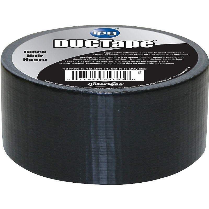 IPG 6720BLK Duct Tape, 20 yd L, 1.88 in W, Polyethylene-Coated Cloth Backing, Black