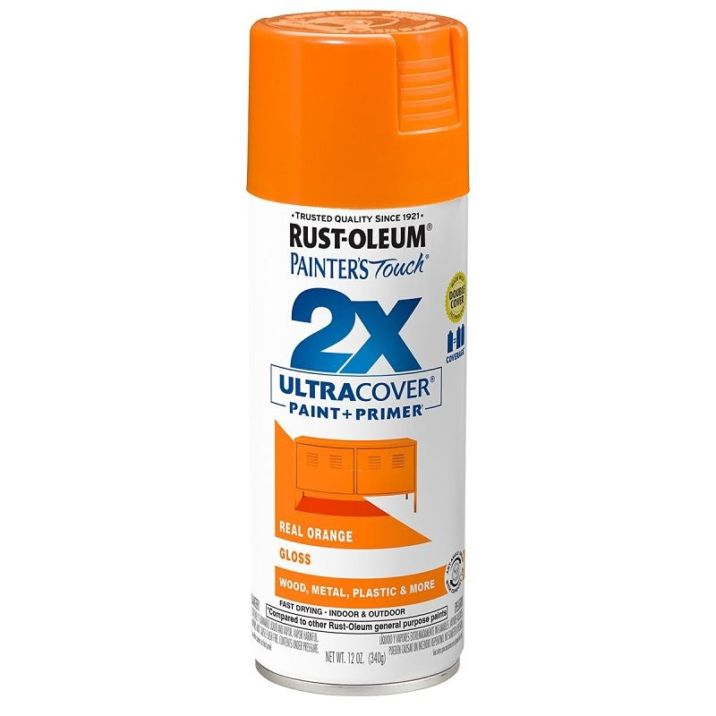Rust-Oleum Painter's Touch 2X Ultra Cover 334043 Spray Paint, Gloss, Real Orange, 12 oz, Aerosol Can