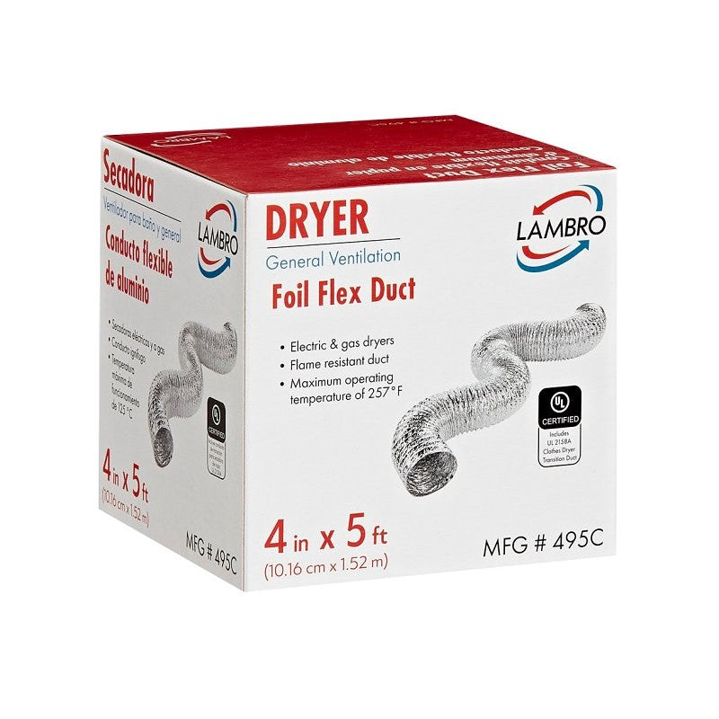 Lambro 411 Flexible Air Connector, 4 in, 5 ft L, Aluminum