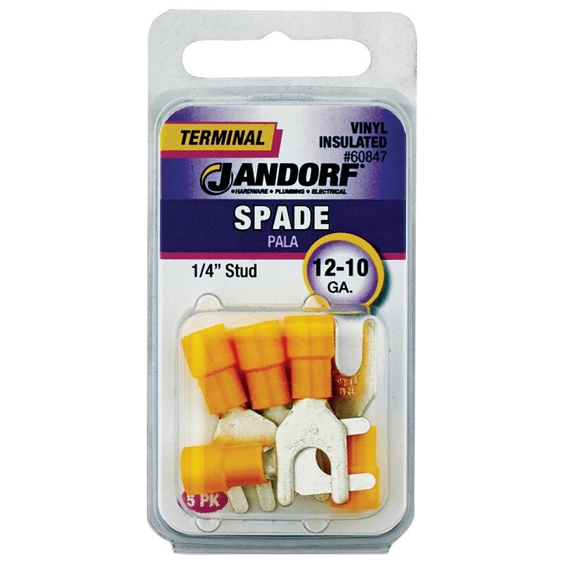 Jandorf 60847 Spade Terminal, 600 V, 12 to 10 AWG Wire, 1/4 in Stud, Vinyl Insulation, Copper Contact, Yellow