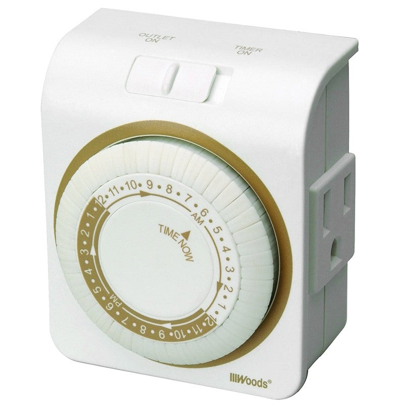 Woods 50001 Mechanical Timer, 15 A, 125 V, 1875 W, 24 hr Time Setting, White, 24 On/Off Cycles Per Day Cycle