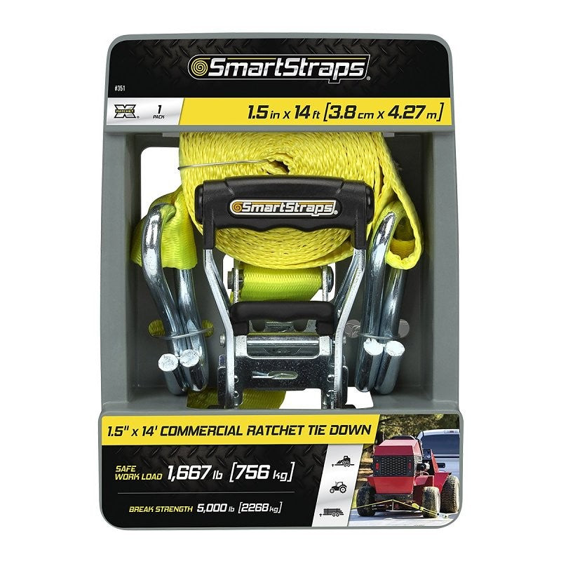 SmartStrap RachetX Series 351 Tie-Down, 1-1/2 in W, 14 ft L, Plastic/Polyester/Rubber/Steel, Yellow, 1667 lb