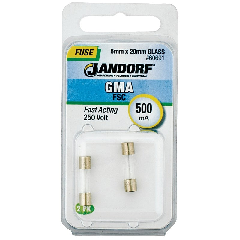 Jandorf 60691 Fast Acting Fuse, 500 mA, 250 V, 35 A, 10 kA Interrupt, Glass Body