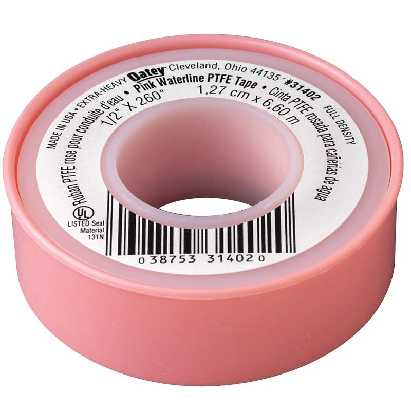 Oatey 31402D Thread Seal Tape, 260 in L, 1/2 in W, PTFE, Pink