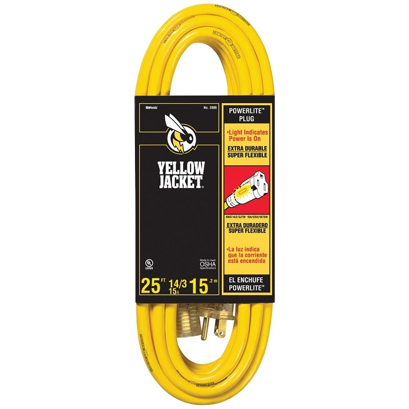 CCI 2886 Extension Cord, 14 AWG Cable, 25 ft L, 15 A, 125 V, Yellow
