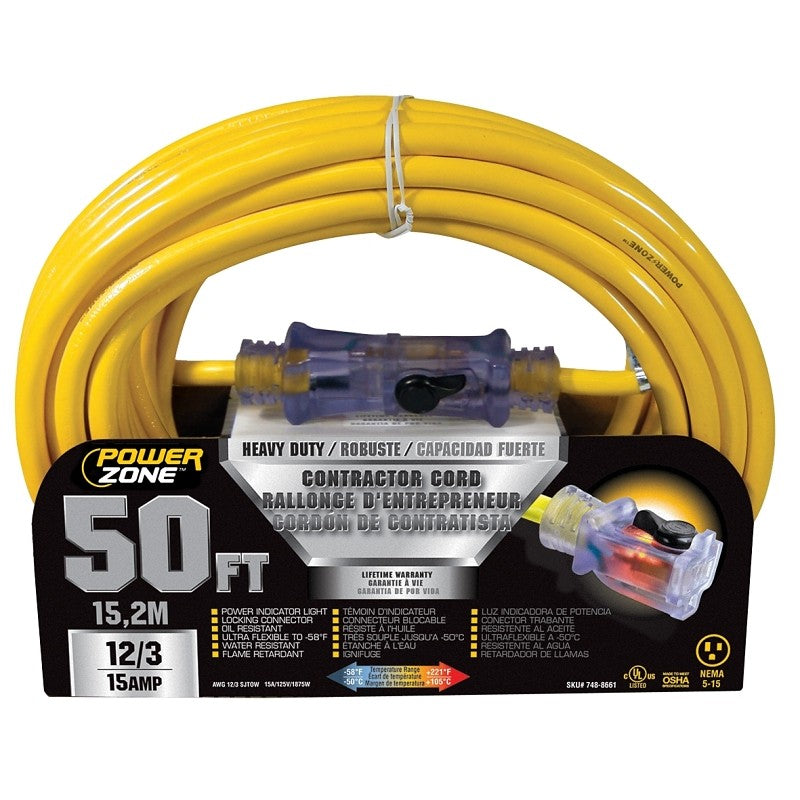 PowerZone ORP511830 Contractor Cord, 12 AWG Cable, 50 ft L, 15 A, 125 V, Yellow