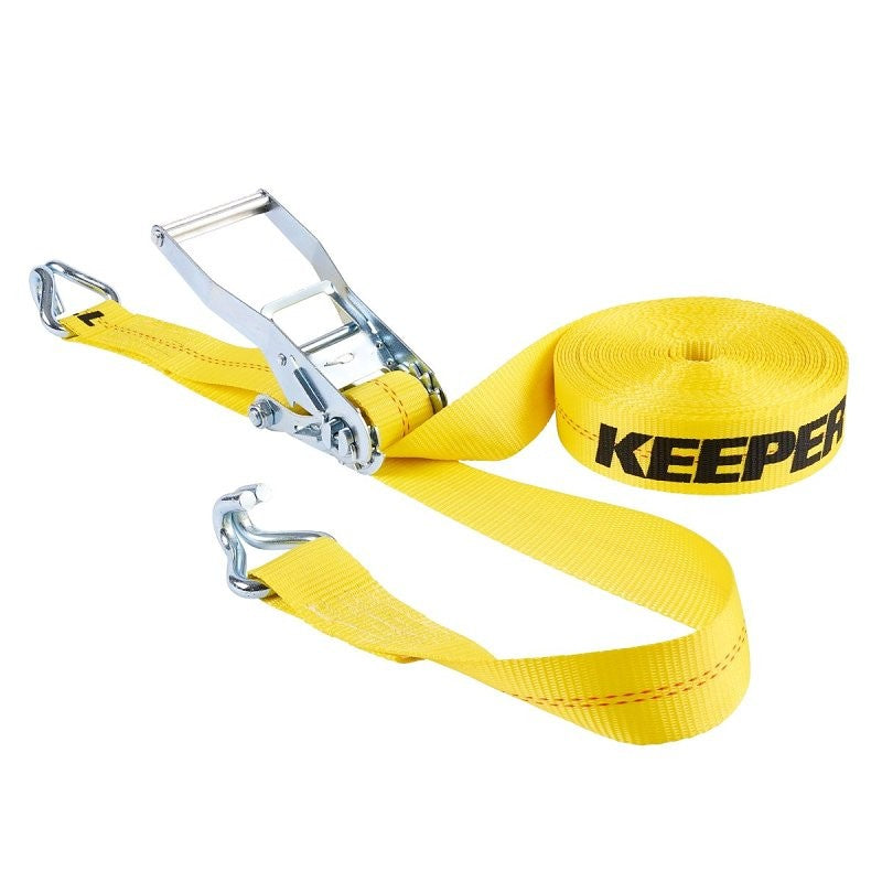 Keeper 04624 Tie-Down, 2 in W, 40 ft L, Polyester, Yellow, 3333 lb, J-Hook End Fitting, Steel End Fitting