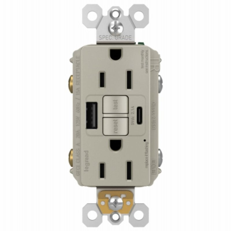 Legrand radiant® 1597TRUSBACNIC4 GFCI Receptacle, 15 A, 125 V, 1-Gang, 2-USB Port, USB-A, USB-C USB, Nickel