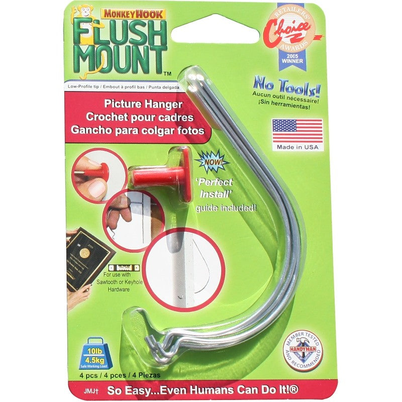 Monkey Hook Flush Mount TMH-444 Picture Hanger, 10 lb, Spring Steel, Galvanized, Silver, Flush (Pack of 12)