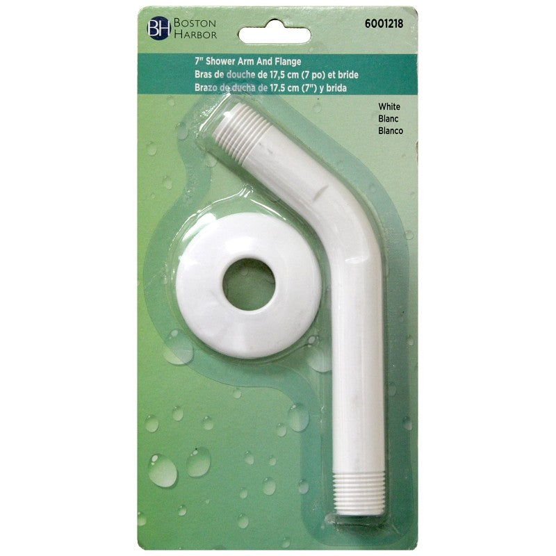 Boston Harbor B1140WH Shower Arm with Flange, 1/2-14 NPT in Connection, Threaded, 7 in L, Plastic
