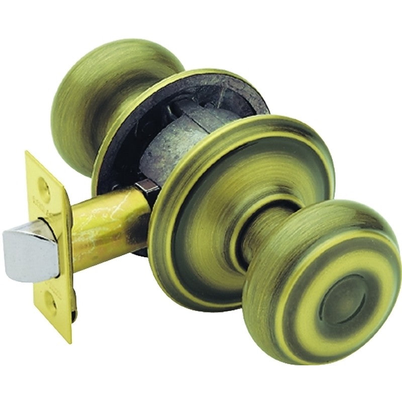 Schlage F Series F10 GEO 609 Passage Knob, Georgian, Round, 2-3/4 in Dimensions, Metal, Antique Brass, Reversible Hand