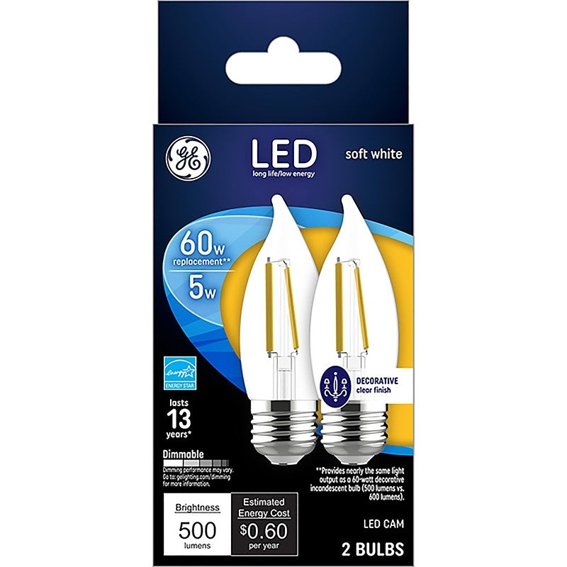 GE 93129343 Light Bulb, Decorative, 60 W Equivalent, Medium (E26) Lamp Base, Dimmable, Soft White Light