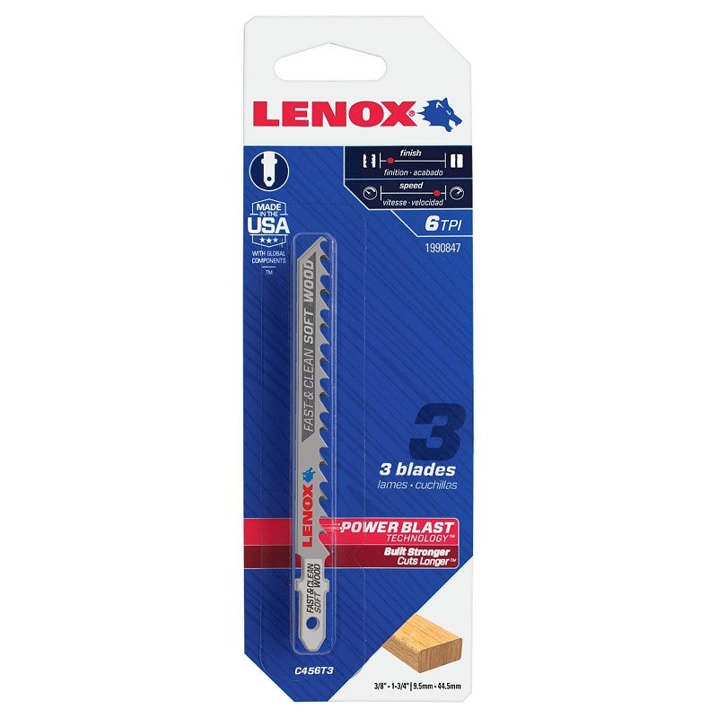 Lenox 1990847 Jig Saw Blade, 5/16 in W, 4 in L, 6 TPI, 0.058 in Thick, 3/PK