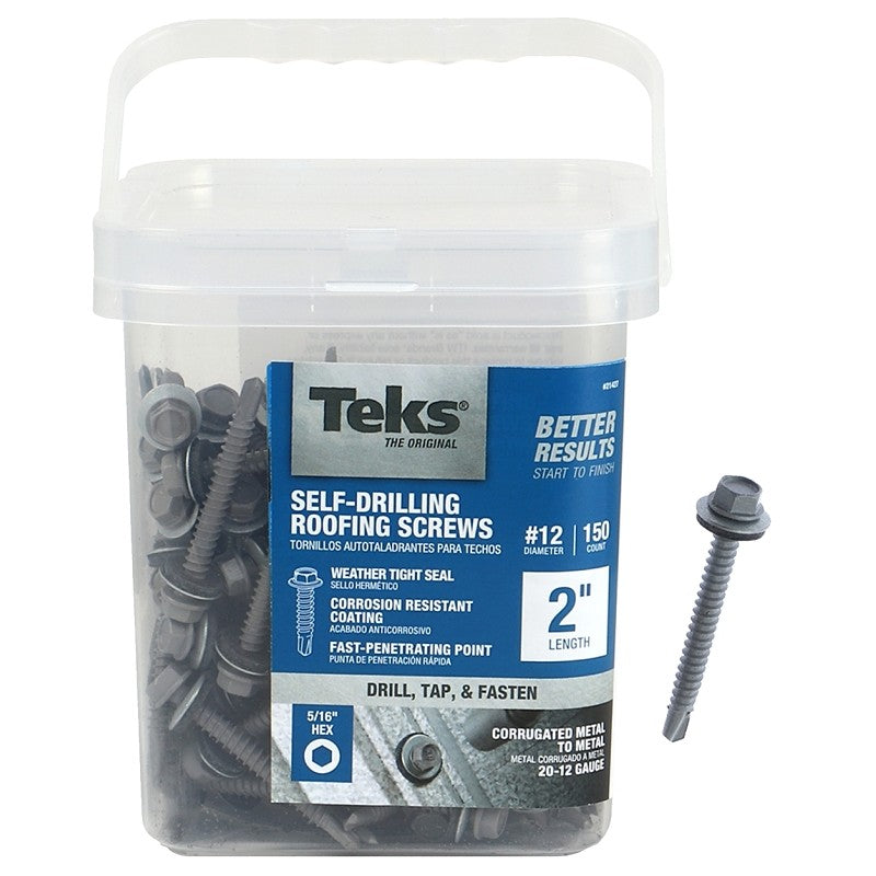 Teks 21427 Roofing Screw, #12 Thread, Hex Drive, Drill Point, Steel, Zinc