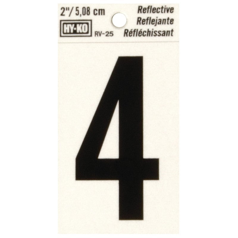 Hy-Ko RV-25/4 Reflective Sign, Character: 4, 2 in H Character, Black Character, Silver Background, Vinyl (Pack of 10)