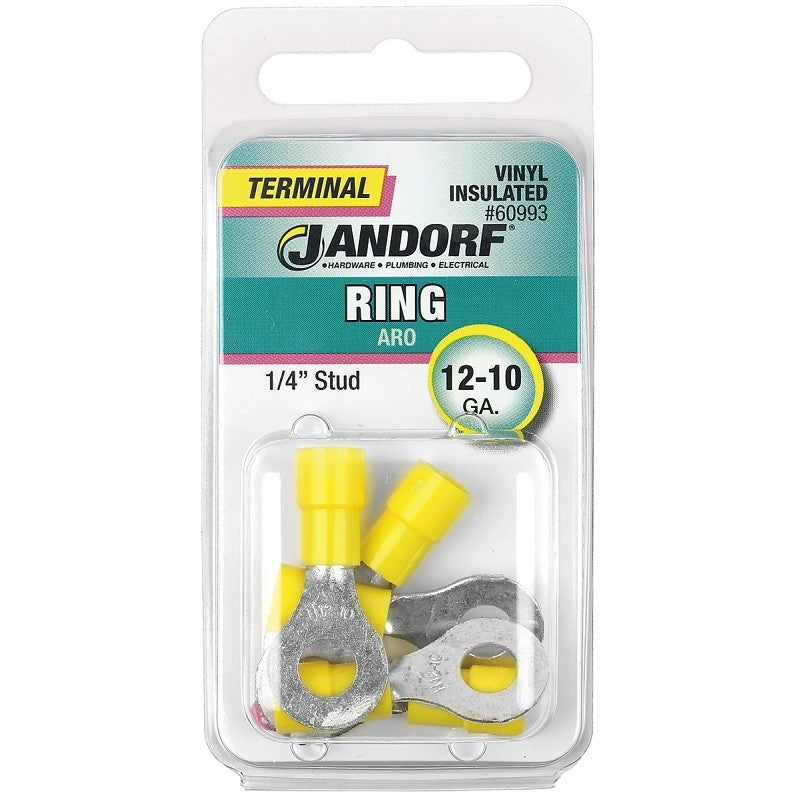 Jandorf 60993 Ring Terminal, 12 to 10 AWG Wire, 1/4 in Stud, Vinyl Insulation, Copper Contact, Yellow