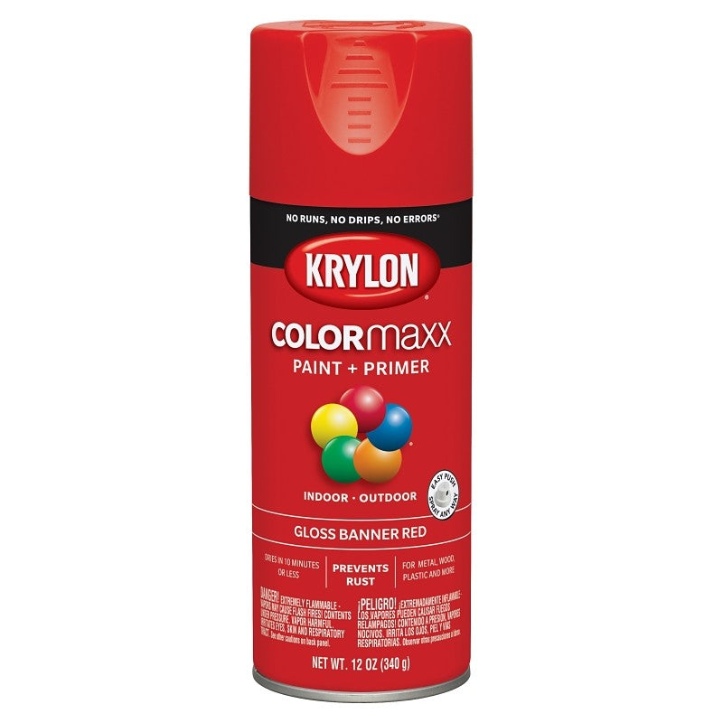 Krylon K05503007 Enamel Spray Paint, 12 oz Can, 25 sq-ft Coverage Area, Solvent Base, Gloss, Banner Red