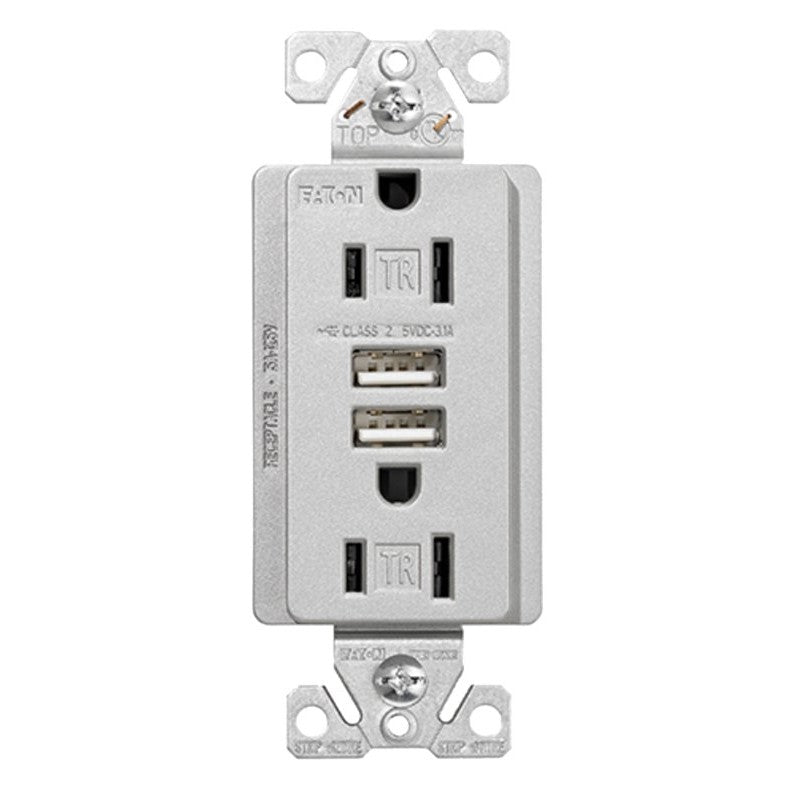 Arrow Hart TR7755SG-K-L Combination USB Receptacle, 2 -Pole, 3.1 A USB, 15 A Receptacle, 2 -USB Port, Silver Granite