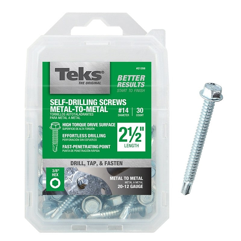 Teks 21356 Screw, #14 Thread, 2-1/2 in L, Coarse Thread, Hex Drive, Self-Drilling, Self-Tapping Point, Steel, 30