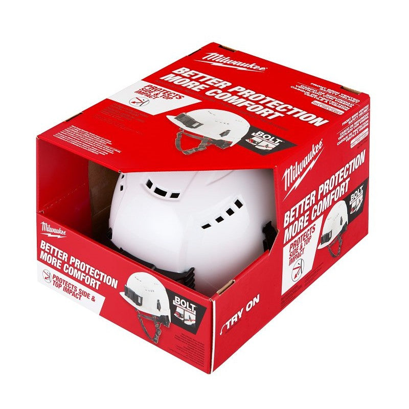 Milwaukee Bolt 48-73-1320 Vented Safety Helmet, 6-1/2 to 8-1/2 in, Polycarbonate Shell, HDPE, White