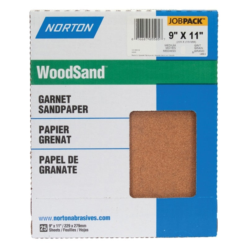 Norton WoodSand 07660705504 Sanding Sheet, 11 in L, 9 in W, Coarse, 80 Grit, Garnet Abrasive, Paper Backing