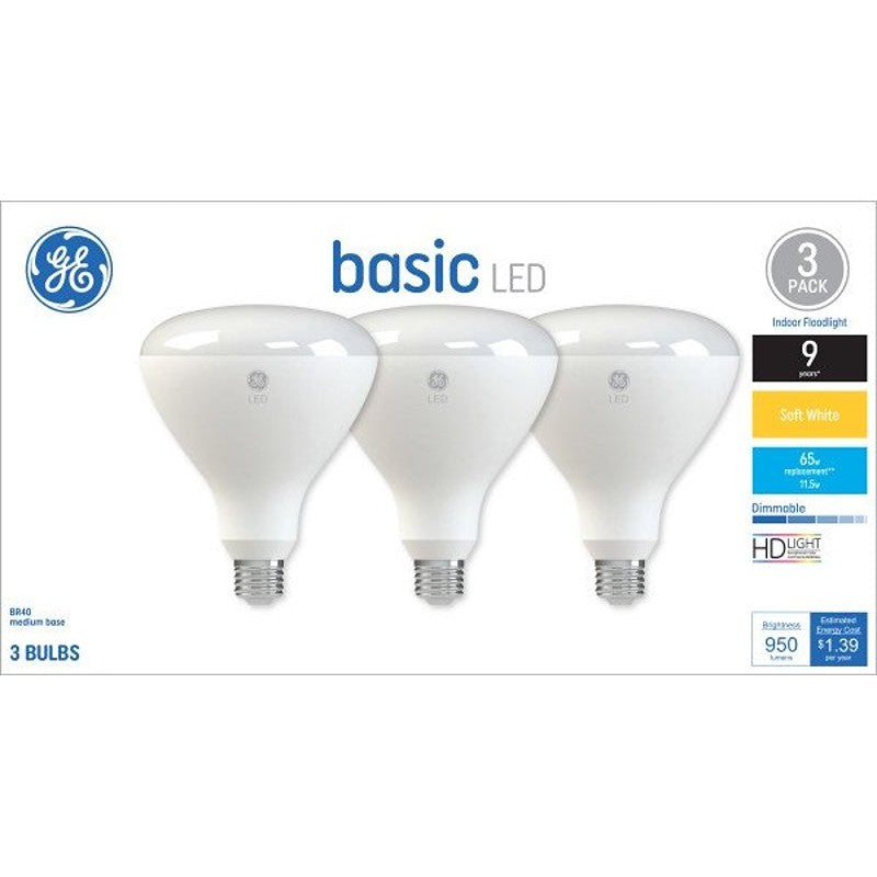 GE 46979 LED Light Bulb, Spot and Flood, BR40 Lamp, 65 W Equivalent, E26 Medium Screw-In Lamp Base, Yes, Frosted