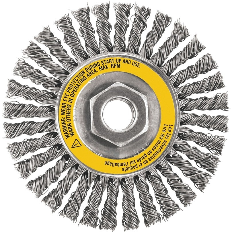 DEWALT DW49204 Wire Wheel Brush, 4 in Dia, 5/8-11 Arbor/Shank, 0.02 in Dia Bristle, Stainless Steel Bristle
