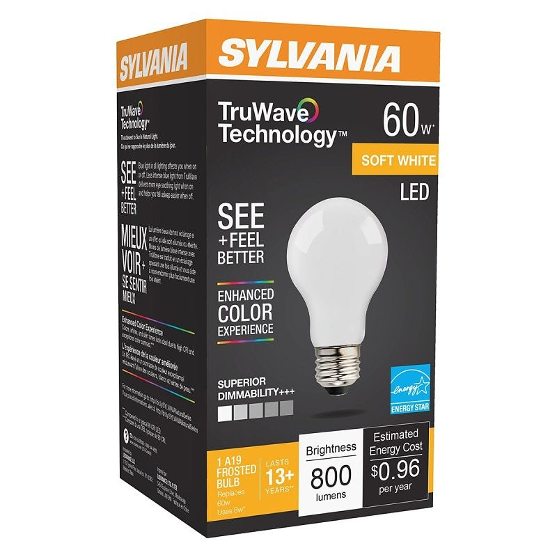 Sylvania 40671 LED Bulb, General Purpose, 800 Lumens, 8 W, A19 Lamp, E26 Lamp Base, Dimmable, Frosted, Soft White (Pack of 6)