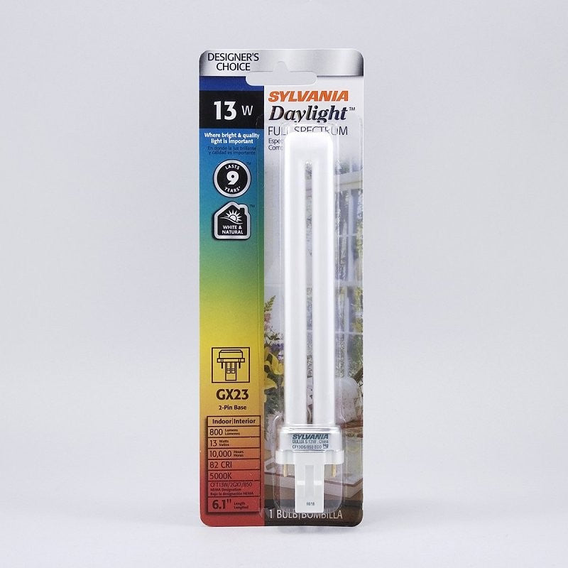 Sylvania 20404 Compact Fluorescent Bulb, T4 Lamp, GX23 Lamp Base, 800 Lumens, 5000 K Color Temp, Daylight Light