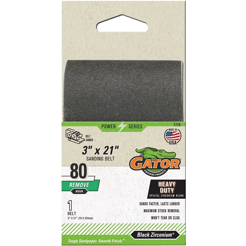 Gator 7776 Sanding Belt, 3 in W, 21 in L, Zirconium Oxide Abrasive, 80 Grit, Medium
