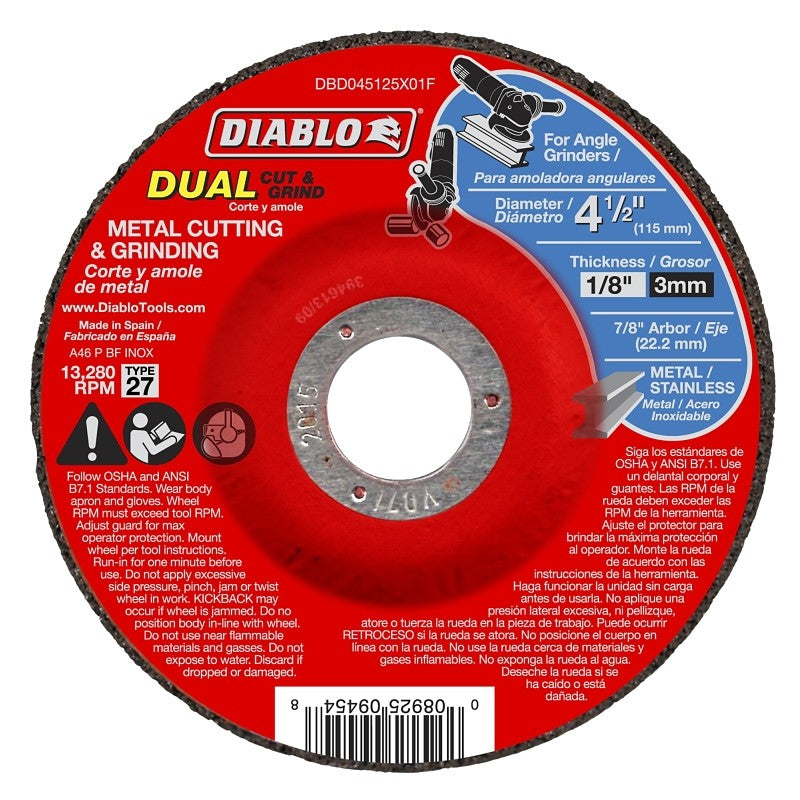Diablo DBD045125X01F Cut and Grind Wheel, 4-1/2 in Dia, 1/8 in Thick, 7/8 in Arbor, Aluminum Oxide Abrasive