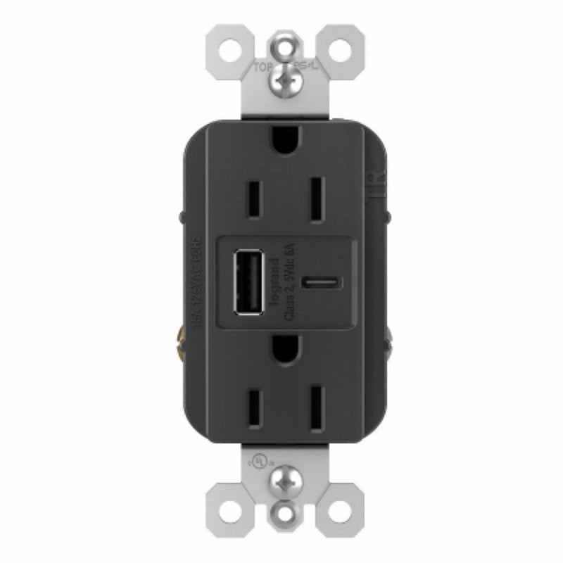 Legrand radiant R26USBAC6BKCCV4 USB Outlet, 15 A, 125 V, Type A, C USB, NEMA: NEMA 5-15R, Black