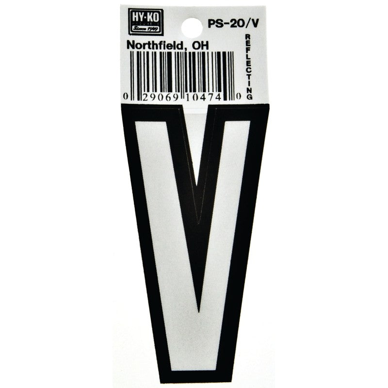 Hy-Ko PS-20/V Reflective Letter, Character: V, 3-1/4 in H Character, Black/White Character, Vinyl (Pack of 10)