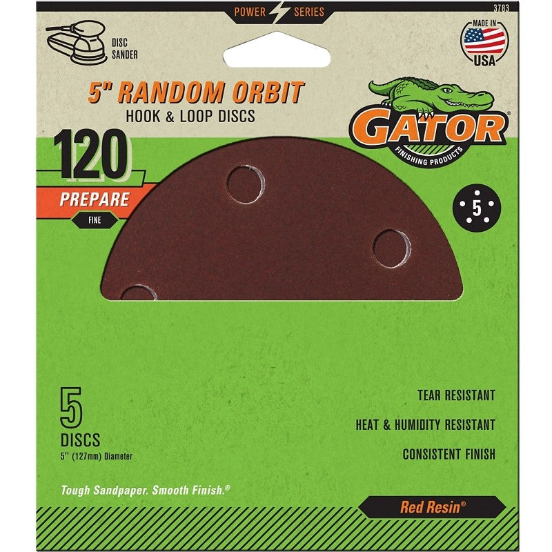 Gator 3783 Sanding Disc, 5 in Dia, 120 Grit, Fine, Aluminum Oxide Abrasive, Vented, 5/PK