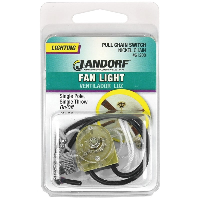 Jandorf 61208 Pull Chain Switch, 1-Pole, 125 V, 3 A, Nickel