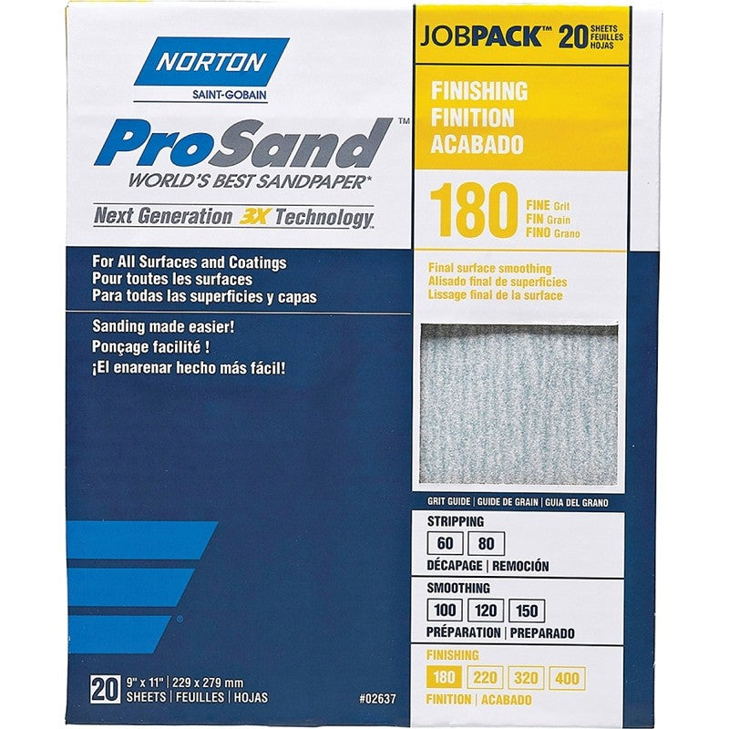 Norton ProSand 07660768168 Sanding Sheet, Tan, 11 in L, 9 in W, Fine, 180 Grit, Aluminum Oxide Abrasive, Paper Backing
