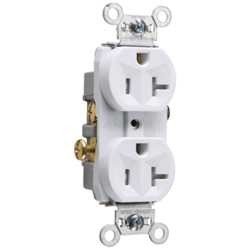 Pass & Seymour TR20WCC8 Duplex Receptacle, Nylon, White, 2-Pole, 20 A, 125 V, NEMA: 5-20R