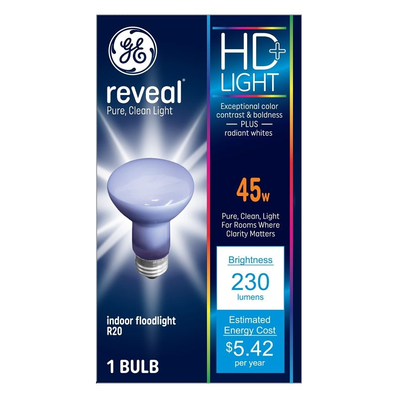 GE 73439 Halogen Bulb, 45 W, Medium Lamp Base, R20 Lamp, 230 Lumens, 2650 K Color Temp, 2000 hr Average Life