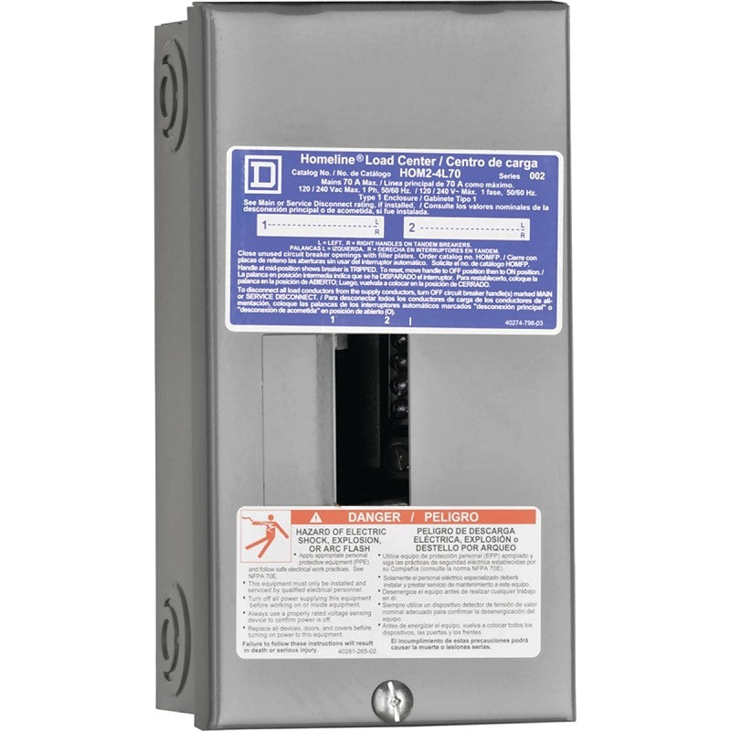 Square D Homeline HOM24L70SCP Load Center, 70 A, 2-Space, 4-Circuit, Main Lug, NEMA 1 Enclosure, Gray, Plug