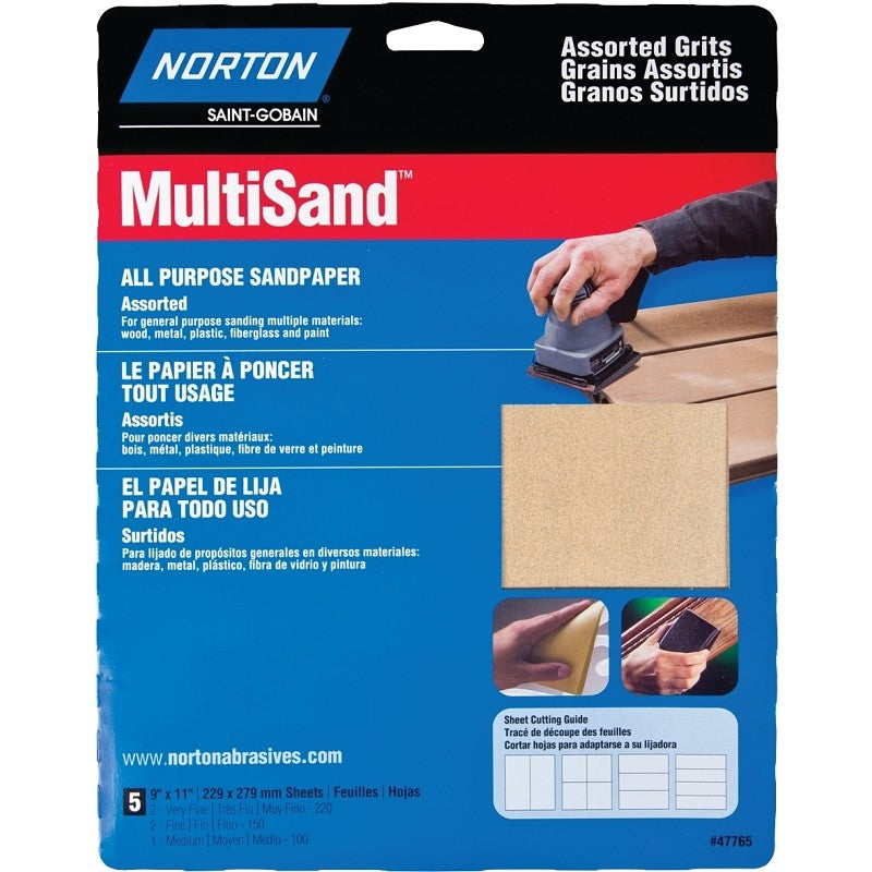 Norton MultiSand 07660747765 Sanding Sheet, 11 in L, 9 in W, Aluminum Oxide Abrasive, Paper Backing