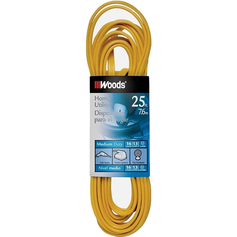 Woods 0831 Extension Cord, 16 AWG Cable, 25 ft L, 10 A, 125 V, Yellow